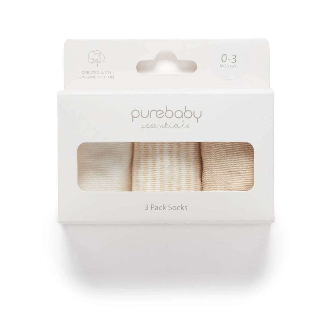 Purebaby Unisex Organic Cotton 3 Pack Baby Sock - Wheat Melange / Vanilla Pack