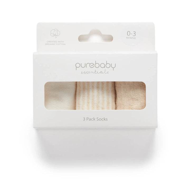 Purebaby Unisex Organic Cotton 3 Pack Baby Sock - Wheat Melange / Vanilla Pack