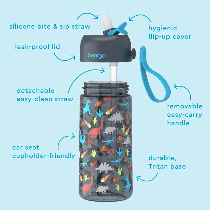 Bentgo Kids Water Bottle 450 ml, Leak-Proof Straw Bottle for Kids, Lightweighted &amp; Durable, BPA &amp; PFAS-Free Tritan Water Bottle, Ideal for School, Daycare &amp; Travel, 3 years+ - Dinosaur
