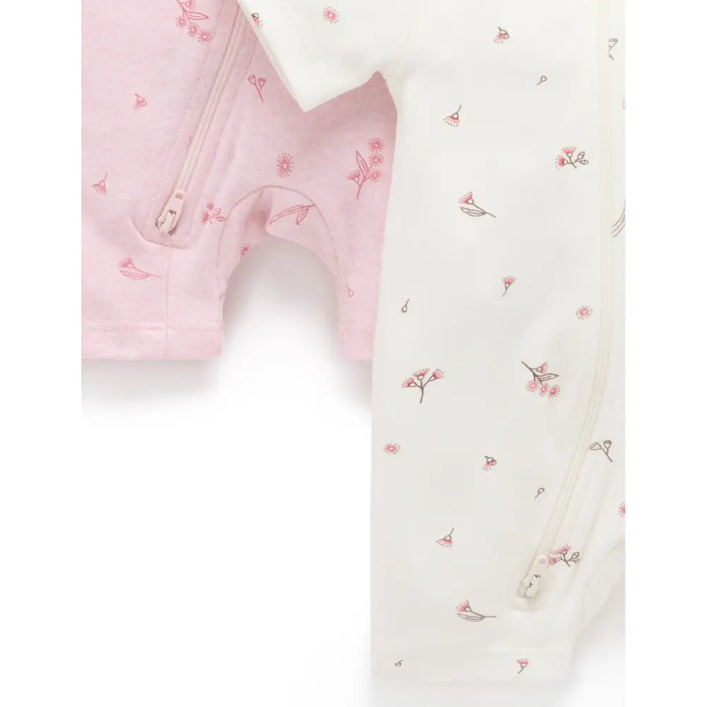 Purebaby Unisex Blossom Pack of 2 Organic Cotton Short Zip Growsuits - Pale Pink