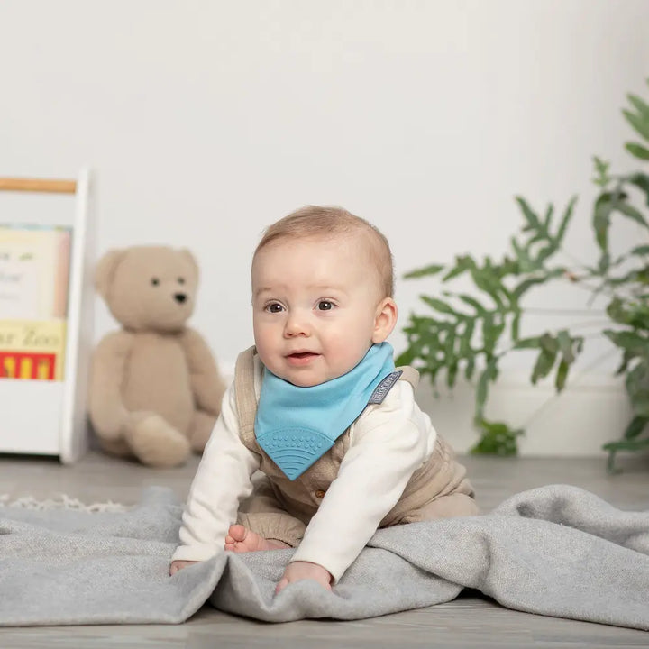 Cheeky Chompers Neckerchew for Babies &amp; Toddlers, Reversible Bib with Attached Silicone Teether, Super Absorbent, BPA-Free, 2–24 Months - Baby Dino