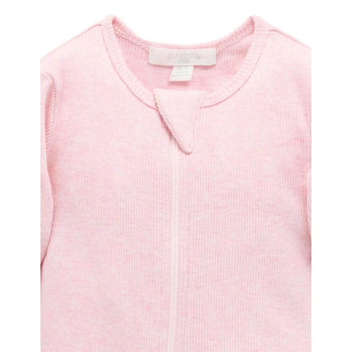 Purebaby Unisex Organic Cotton Rib Zip Growsuit - Pale Pink Melange