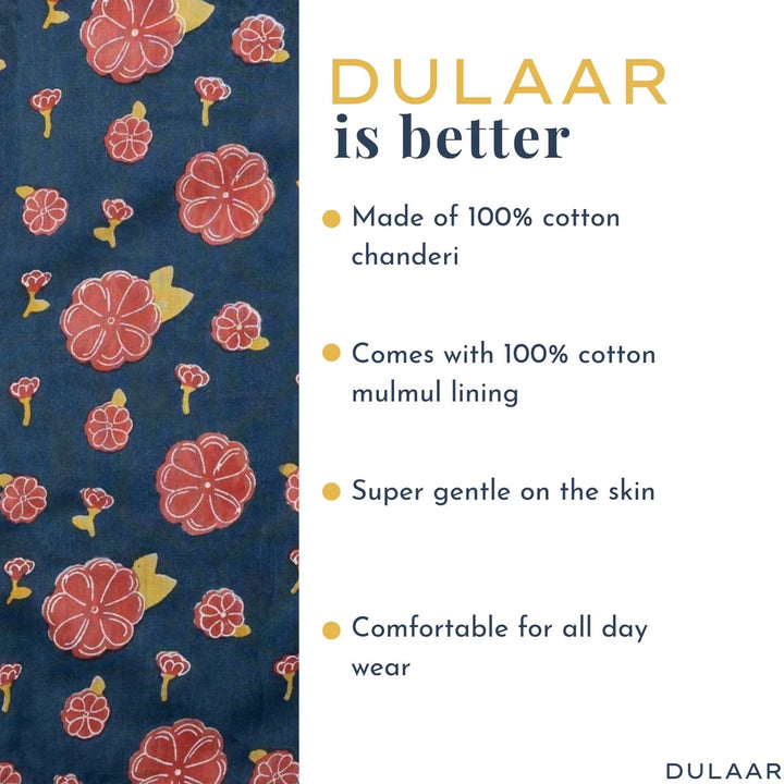 Dulaar Chanderi Top &amp; Pants Co-ord Set for Girls | Hand-Block Printed (Gota Work)-Genda Phool (Midnight)