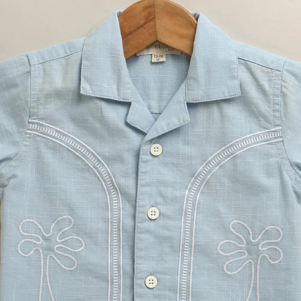 Sweetlime By AS Baby Boys Blue Palm Embroidered Shirt &amp; Shorts Co-Ord Set Blue &amp; White