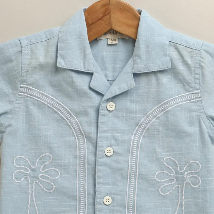 Sweetlime By AS Baby Boys Blue Palm Embroidered Shirt &amp; Shorts Co-Ord Set Blue &amp; White