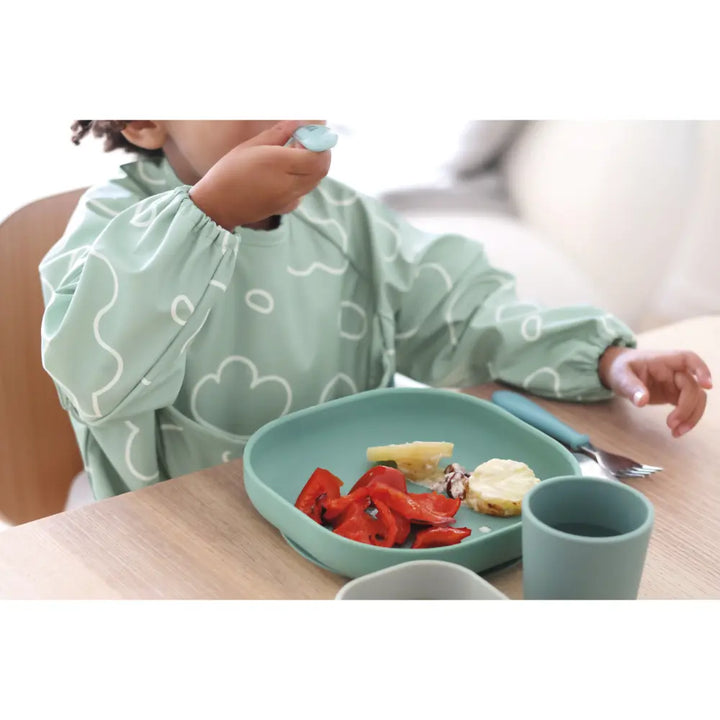 Beaba 2-in-1 Waterproof Bib with Detachable Sleeves, Foldable Food Catcher Pocket, Adjustable Snap Fit &amp; Elastic Cuffs, Soft &amp; Easy-Clean Bib for Feeding &amp; Activities, 4M+