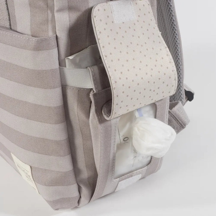 Walking Mum Diaper Backpack with Changing Pad, Large Capacity, Water-Resistant with Multi-Pocket Organizer, Insulated Bottle Pocket, Shoulder &amp; Stroller Straps, Personalized Charm, Striped Print - Beige