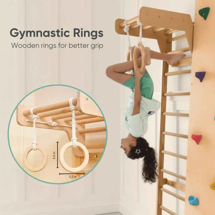 Curious Cub Wall Mounted Indoor Jungle Gym | Including 5 Activities - Monkey Bar, Rope Climbing, Rock Cimbing, Gymnastic Rings and Wooden Ladder | Active Play | Ages 2-9 Years