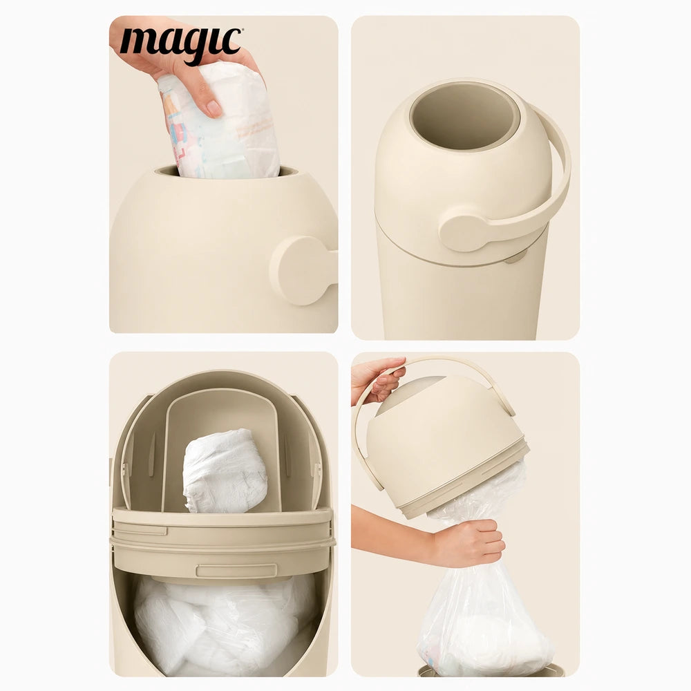 Magic THOTH M Diaper Pail, Odorless Nappy Bin, Compact &amp; Space-Saving Design, Compatible with Regular Plastic Bags, Converts for 2nd Life Use, Holds Up to 25 Newborn Diapers - Beige