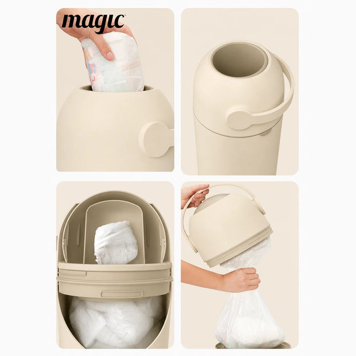 Magic THOTH M Diaper Pail, Odorless Nappy Bin, Compact &amp; Space-Saving Design, Compatible with Regular Plastic Bags, Converts for 2nd Life Use, Holds Up to 25 Newborn Diapers - Beige