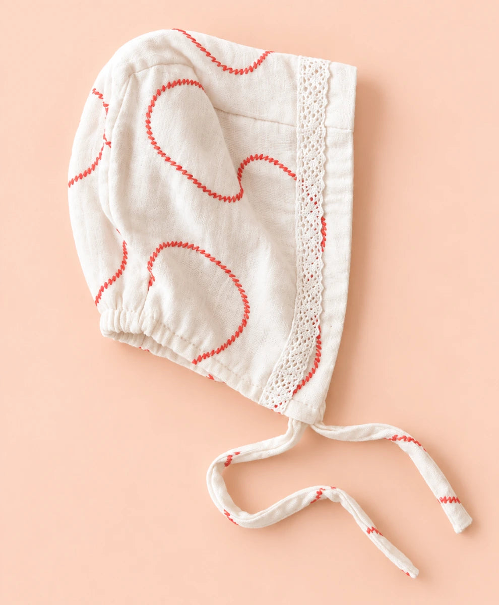 Sweetlime By AS Coral Swirl Muslin Romper &amp; Bonnet Set For Girls