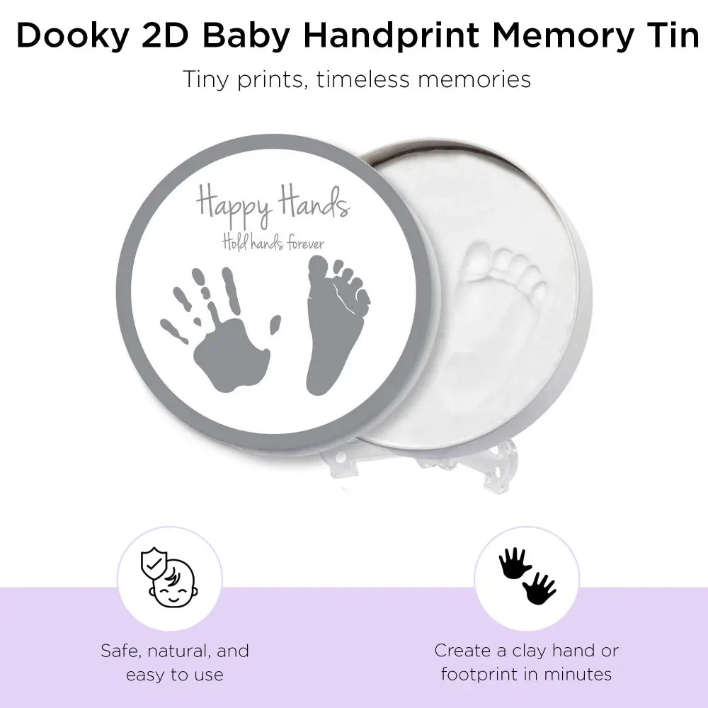 Dooky Happy Hands 2D Baby Handprint &amp; Footprint Kit – Round Memory Tin with Safe Natural Clay, Newborn Keepsake Gift, DIY Baby Casting Impression Kit for Boys &amp; Girls