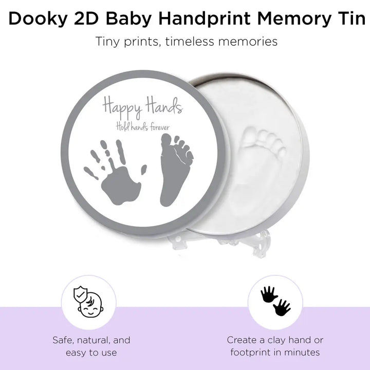 Dooky Happy Hands 2D Baby Handprint &amp; Footprint Kit – Round Memory Tin with Safe Natural Clay, Newborn Keepsake Gift, DIY Baby Casting Impression Kit for Boys &amp; Girls