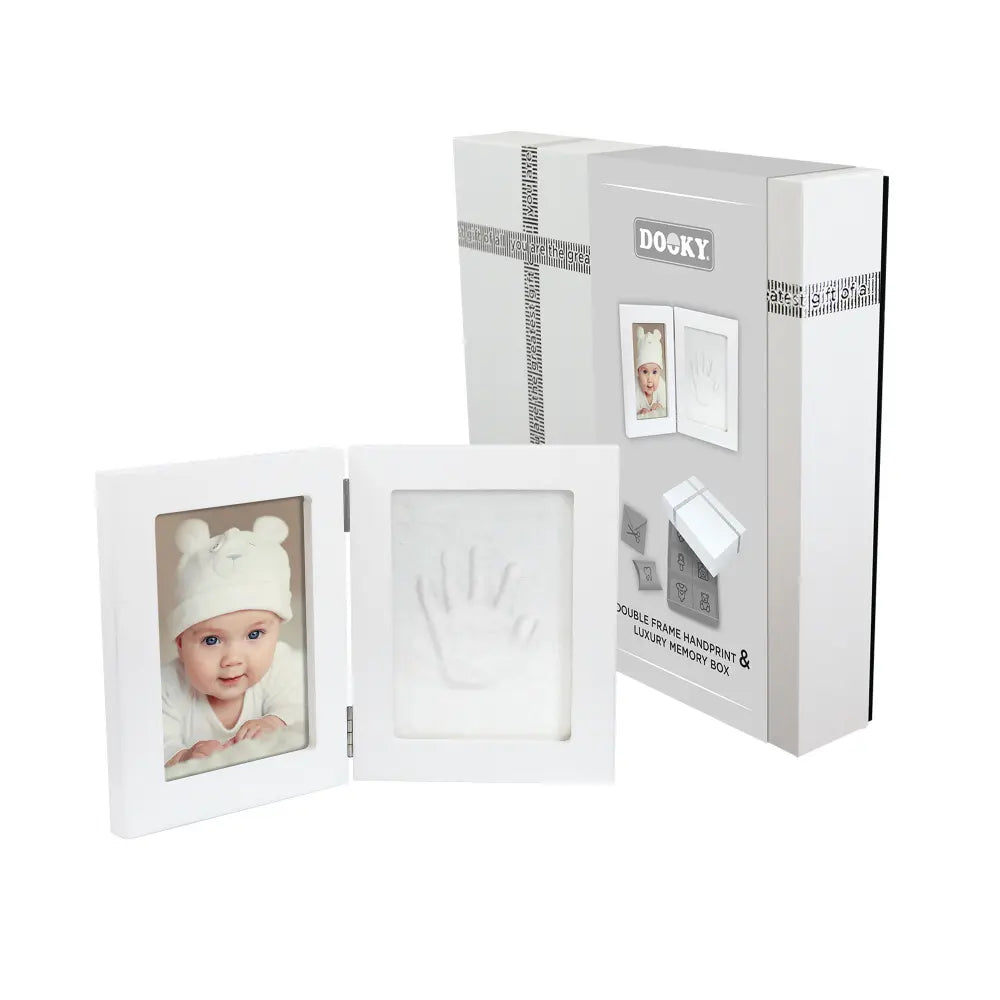 Dooky Baby Handprint Double Frame &amp; Memory Box – White Keepsake Gift Set