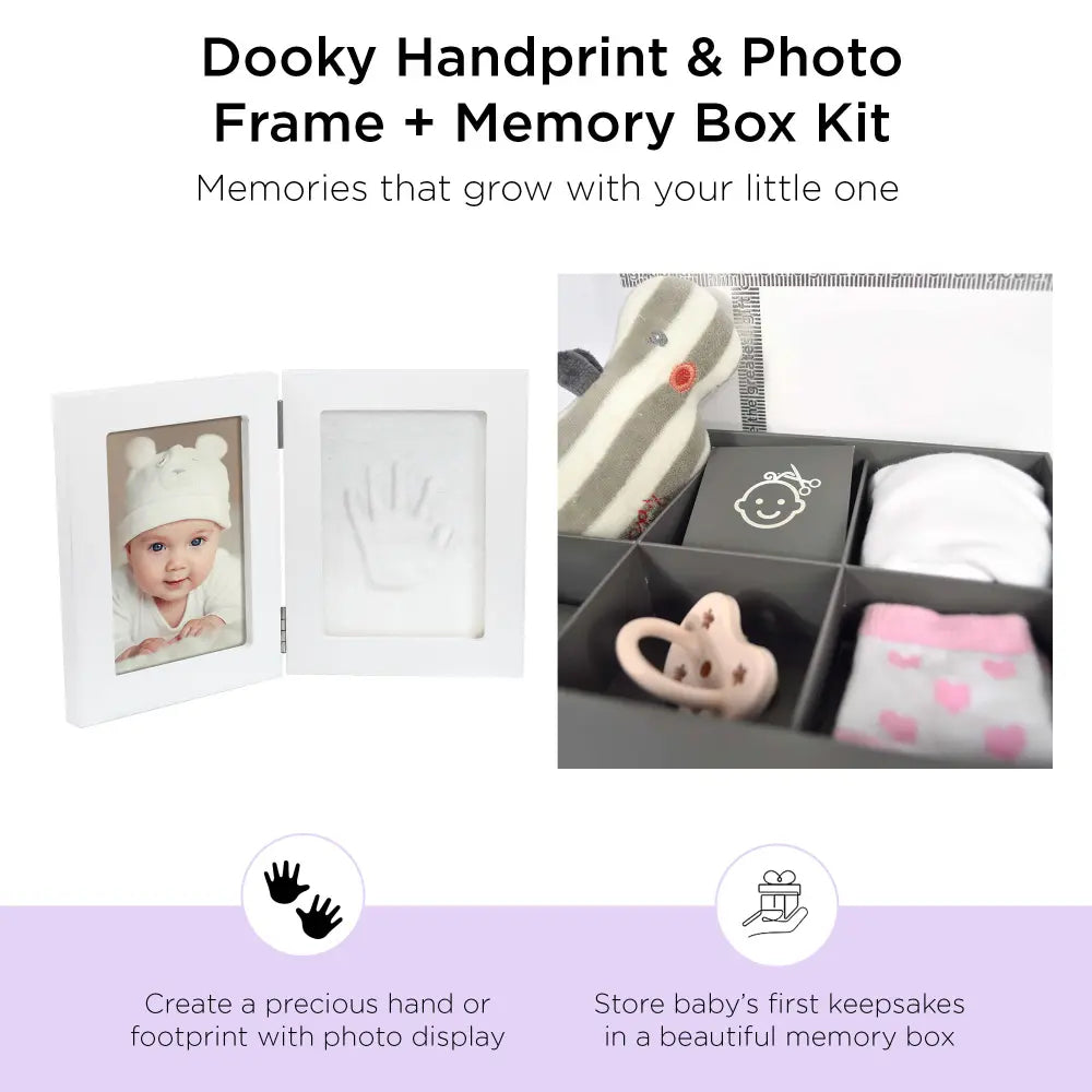 Dooky Baby Handprint Double Frame &amp; Memory Box – White Keepsake Gift Set