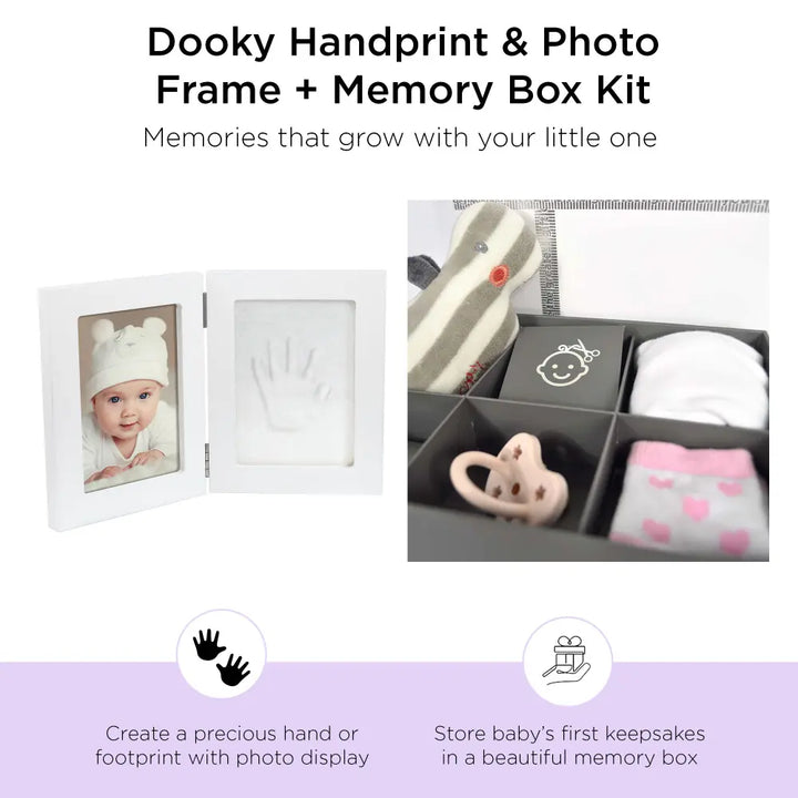 Dooky Baby Handprint Double Frame &amp; Memory Box – White Keepsake Gift Set