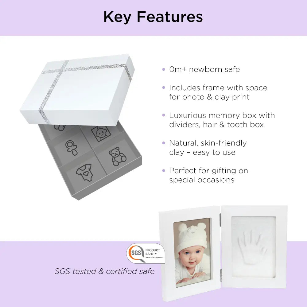 Dooky Baby Handprint Double Frame &amp; Memory Box – White Keepsake Gift Set
