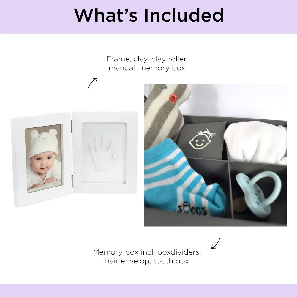 Dooky Baby Handprint Double Frame &amp; Memory Box – White Keepsake Gift Set