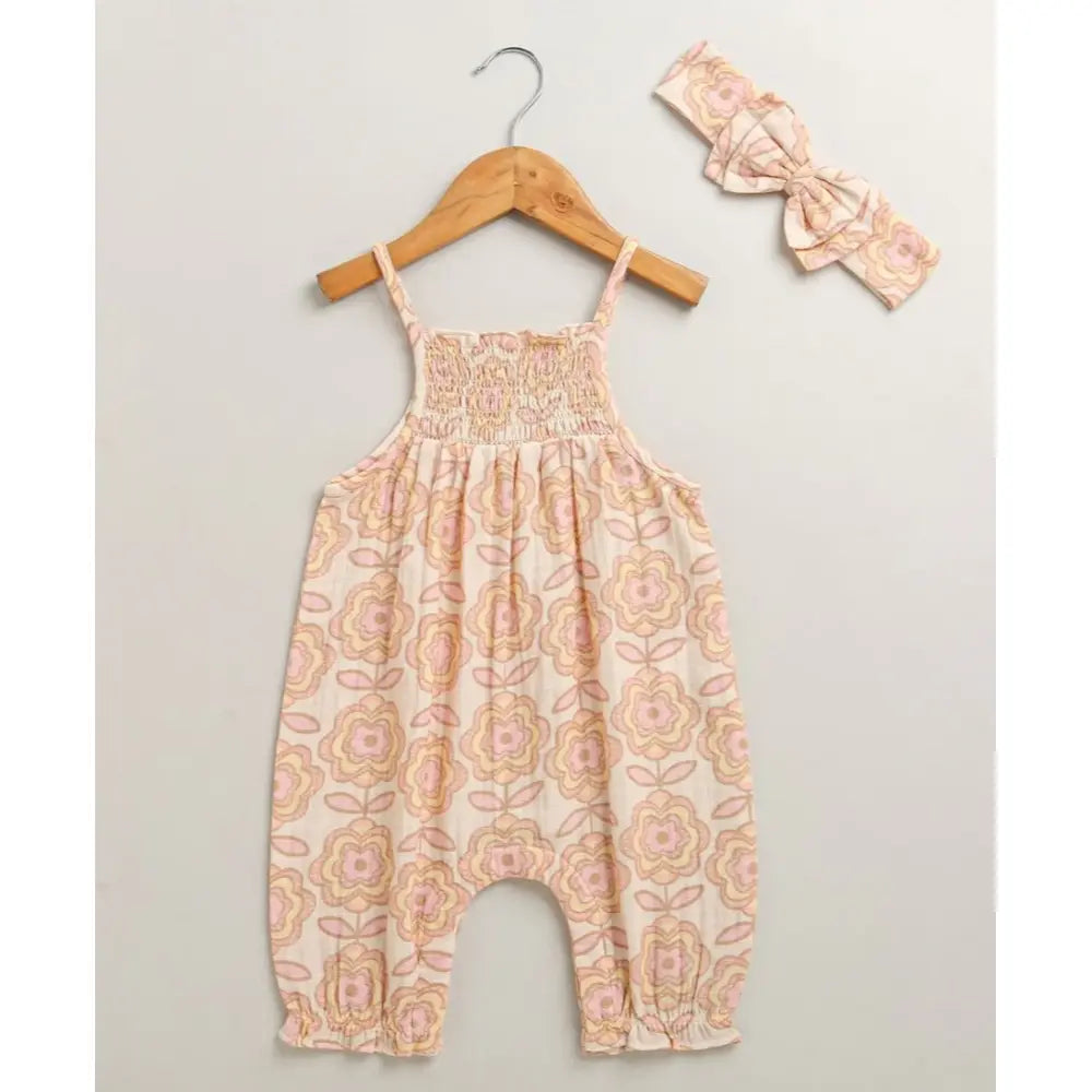 Sweetlime By As Groovy Bloom Smocked Cotton Romper &amp; Hairband Co-ord Set - Beige