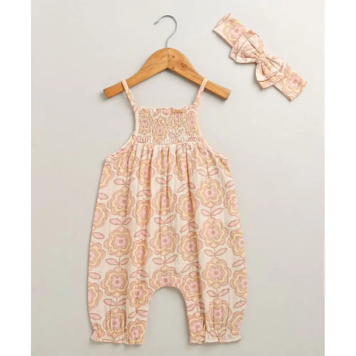 Sweetlime By As Groovy Bloom Smocked Cotton Romper &amp; Hairband Co-ord Set - Beige