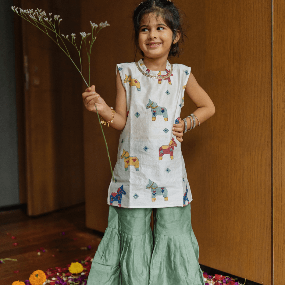 Dulaar Chanderi Sharara Set | Hand-Block Printed (Gota Work) - Tuk Tuk Ghoda
