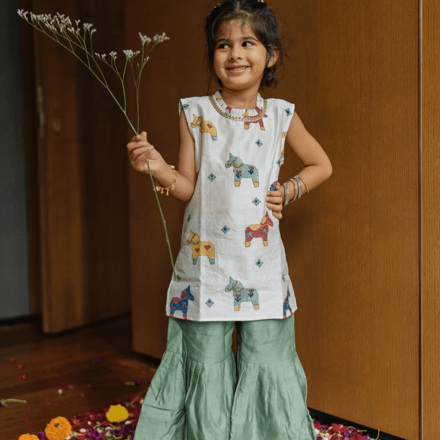 Dulaar Chanderi Sharara Set | Hand-Block Printed (Gota Work) - Tuk Tuk Ghoda