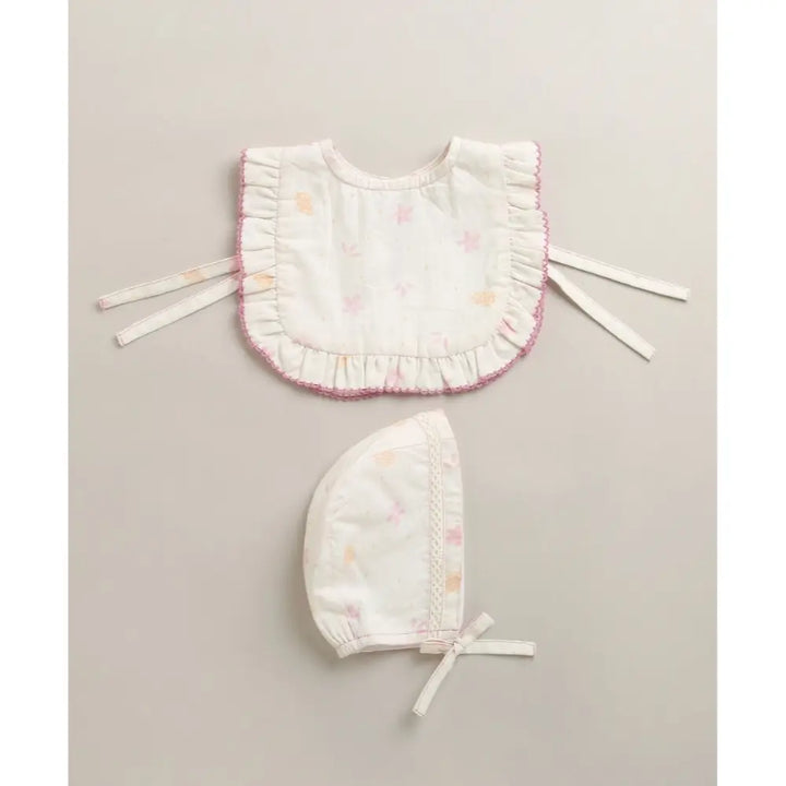 Sweetlime By As Organic Cotton Blush Petal Baby Bib &amp; Bonnet Set -White - 0-12M