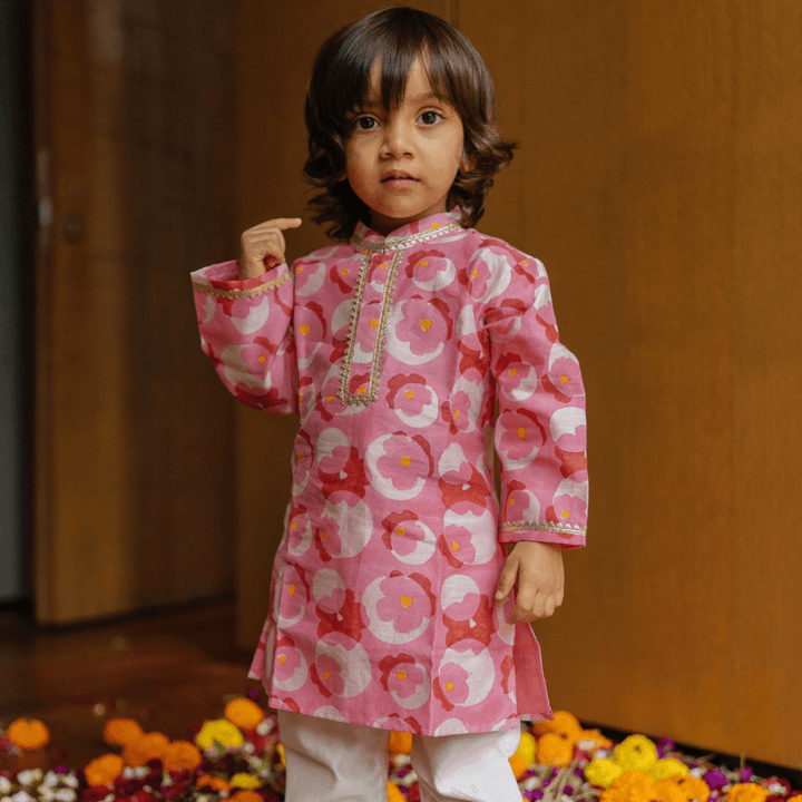 Dulaar Chanderi Kurta Pyjama Set | Hand-Block Printed (Gota Work) - Flowering Circles
