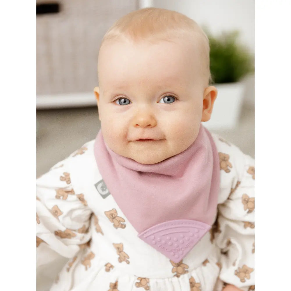 Cheeky Chompers Neckerchew for Babies &amp; Toddlers, Reversible Bib with Attached Silicone Teether, Super Absorbent, BPA-Free, 2–24 Months - Dusty Pink
