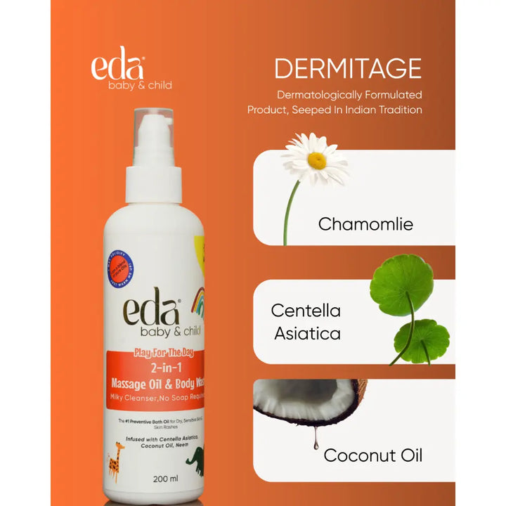 Eda Baby &amp; Child Play for the Day Cleansing Bath Oil | 2 in 1 Massage Oil &amp; Body Wash | Gentle Formula | Moisturizing Bath Oil for Sensitive Skin