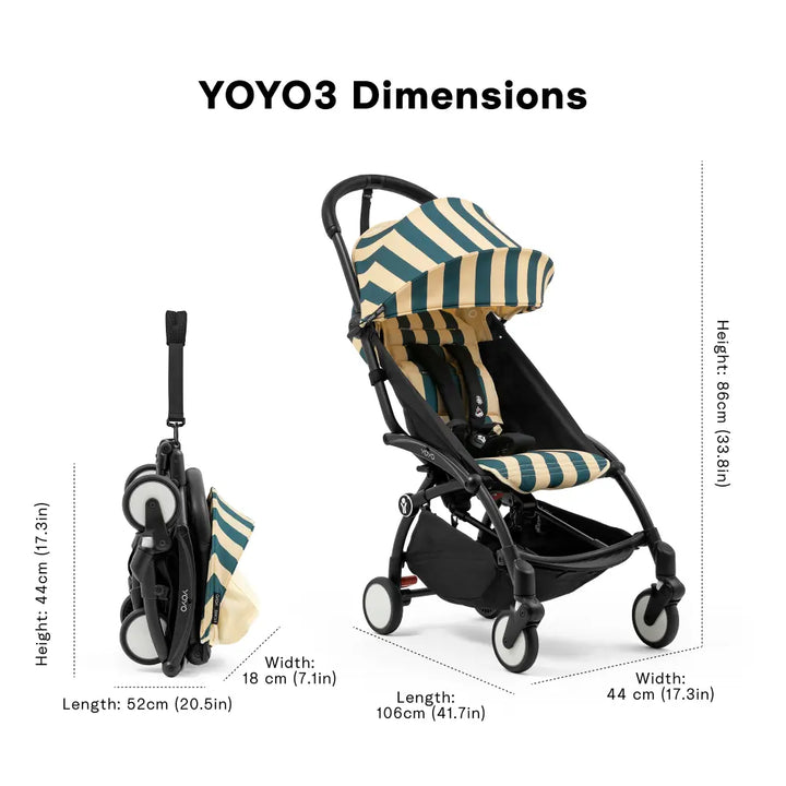 Stokke YOYO3 Riviera Stroller - Limited Edition Summer Collection | Includes Matching Seat Cushion, Canopy &amp; Parasol | Cabin Friendly Ultra Compact Fold | UPF 50+ Sun Protection | Lightweight at 6.7 kg | 6 Months to 4 Years - Black/Monaco