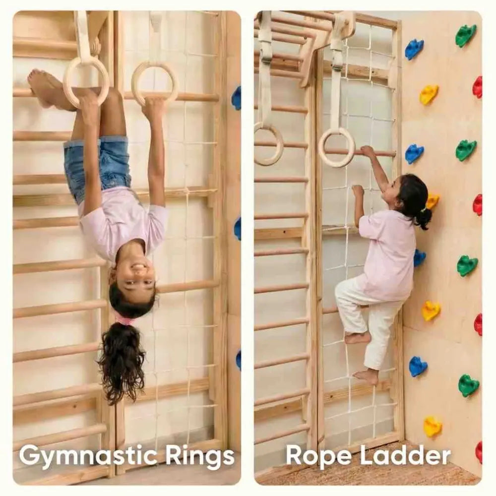 Curious Cub L-Shaped Corner Jungle Gym | 5 Components - Wooden Ladder, Moveable Monkey Bar, Rock Climbing, Rope ladder, Gymnastic Rings | Ages 4-15 Years