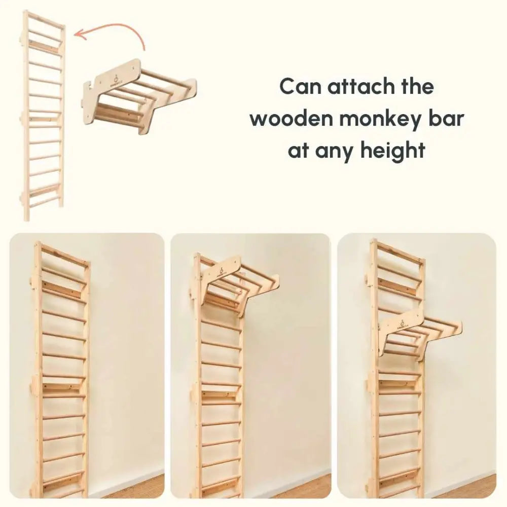 Curious Cub Space Saver Jungle Gym 1 | 4 Components - Wooden Ladder, Moveable Monkey Bar, Rock Climbing, Gymnastic Rings | Ages 4-15 Years