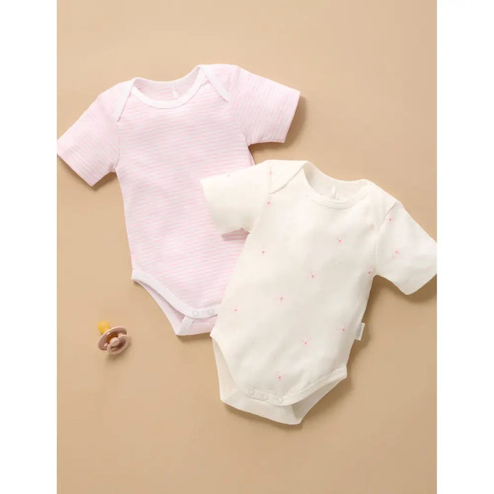 Purebaby Unisex Pack of 2 Bear Organic Cotton Easy Neck Bodysuits - Pale Pink