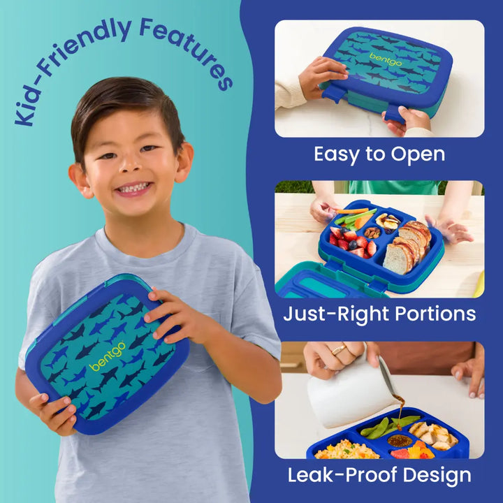 Bentgo Kids Prints with 5 Compartments, Leak-Proof Bento Lunch Box, BPA &amp; PFAS-Free, Microwave &amp; Dishwasher Safe Tray,  3–7 Years - Sharks