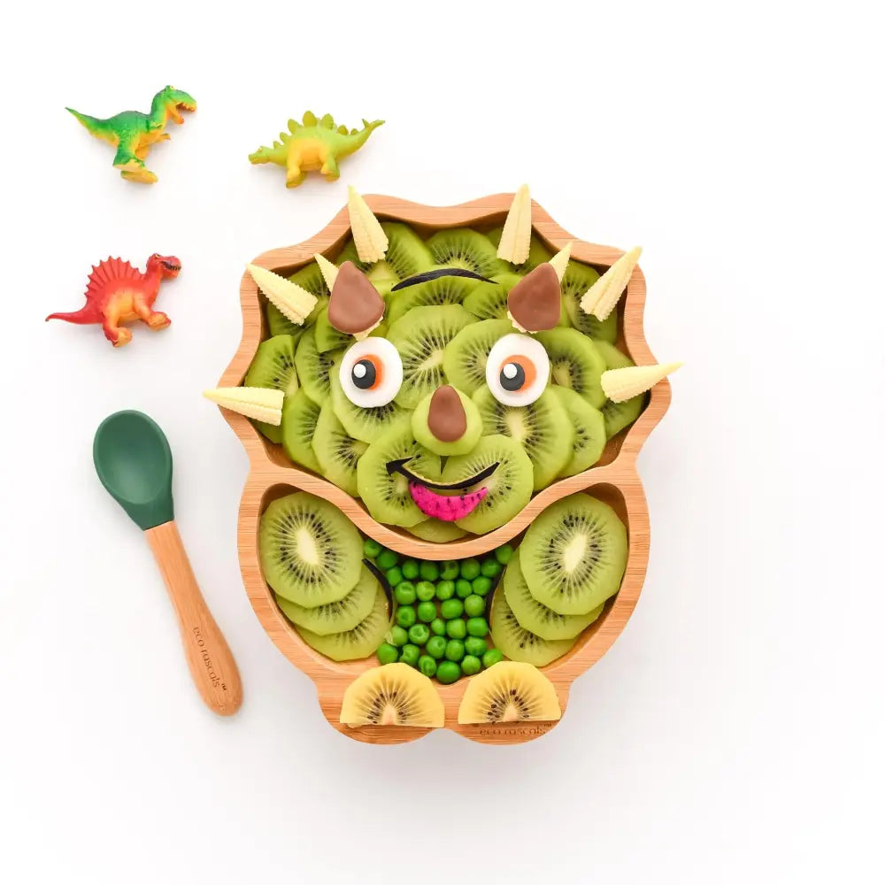 Eco Rascals Bamboo Dinosaur Shaped Plate - Baby Led Weaning, 2 Section Plate - Non Toxic, Natural Bamboo with Strong Suction, FDA Approved, 100% Silicone Suction Bases, BPA-PVC Free - Green