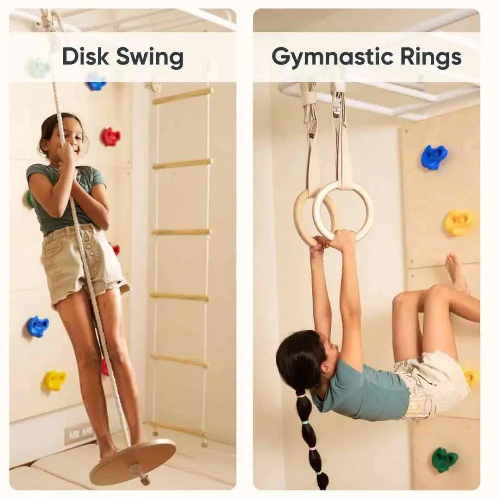 Curious Cub Space Saver Jungle Gym 3 | 6 Components - Wooden Ladder | Rock Climbing | Wobble Ladder | Monkey Bar | Gymnastics Ring | Disk Swing | Ages 4-15 Years