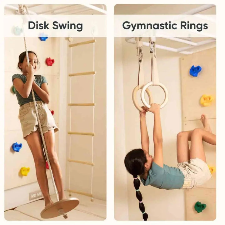 Curious Cub Space Saver Jungle Gym 3 | 6 Components - Wooden Ladder | Rock Climbing | Wobble Ladder | Monkey Bar | Gymnastics Ring | Disk Swing | Ages 4-15 Years