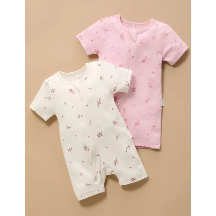 Purebaby Unisex Blossom Pack of 2 Organic Cotton Short Zip Growsuits - Pale Pink