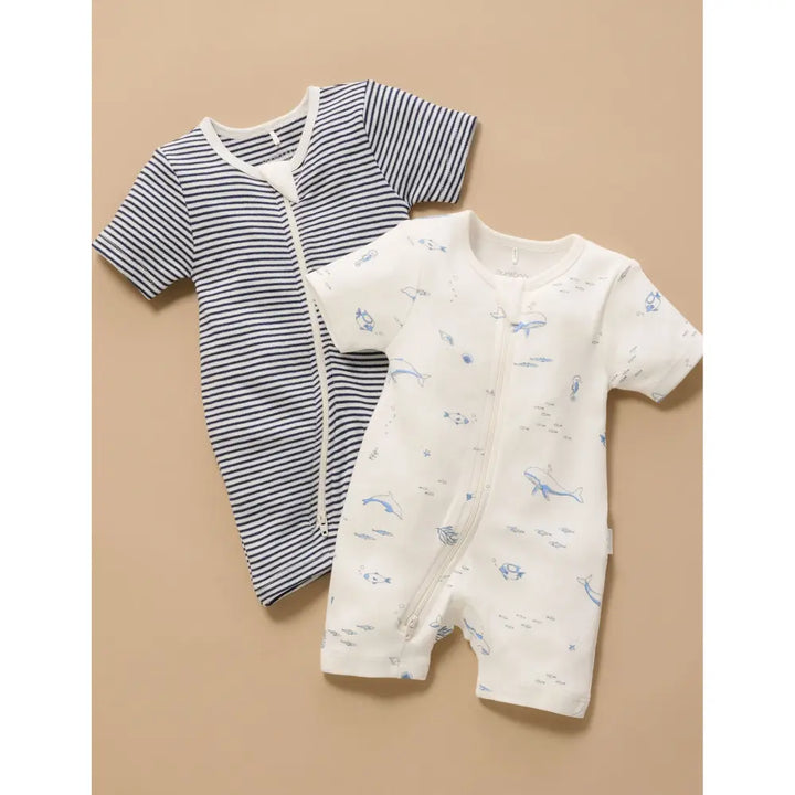 Purebaby Unisex Nautical Pack of 2 Organic Cotton Short Zip Growsuit - Vanilla