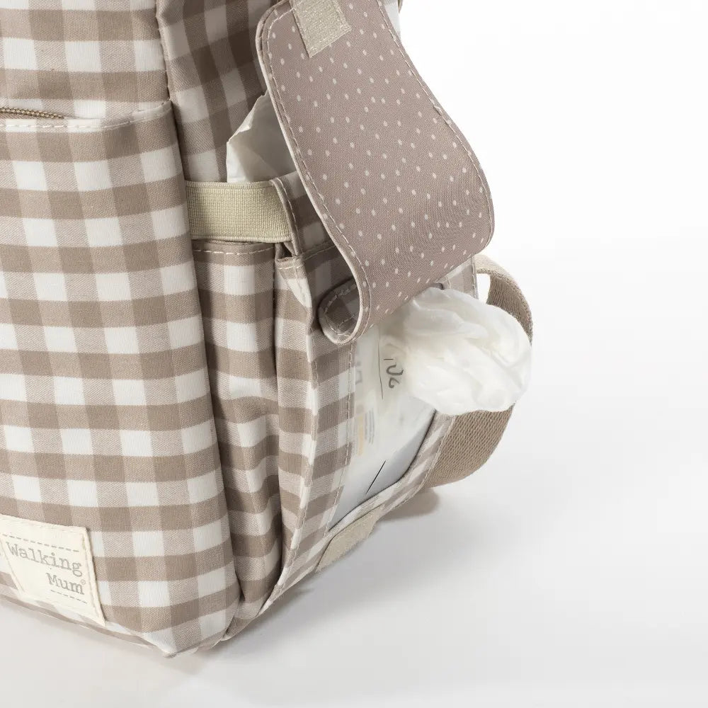 Walking Mum Diaper Backpack with Changing Pad, Large Capacity, Water-Resistant with Multi-Pocket Organizer, Insulated Bottle Pocket, Shoulder &amp; Stroller Straps, Personalized Charm, Checkered Print - Sand