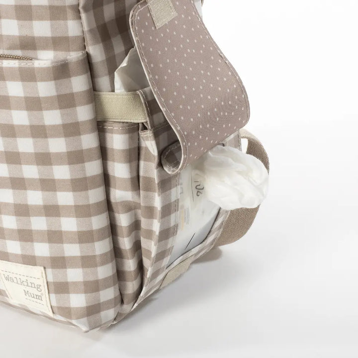 Walking Mum Diaper Backpack with Changing Pad, Large Capacity, Water-Resistant with Multi-Pocket Organizer, Insulated Bottle Pocket, Shoulder &amp; Stroller Straps, Personalized Charm, Checkered Print - Sand