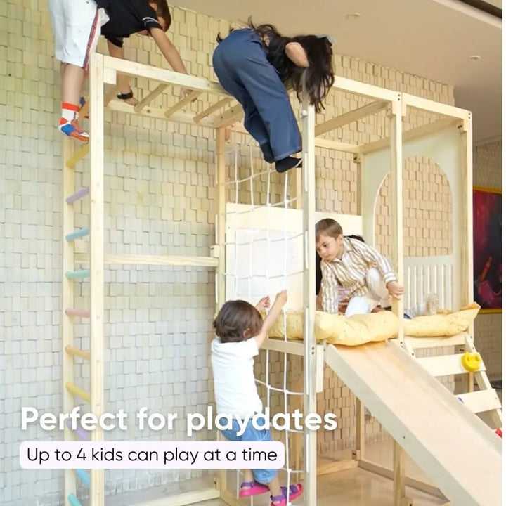 Curious Cub Playloft Indoor Jungle Gym | 8 Components - Rod Climbing, Monkey Bar, Rock Climbing, Slide, Rope Climbing, Playloft (Mattress included), Blackboard, Whiteboard | Ages 2-15 Years