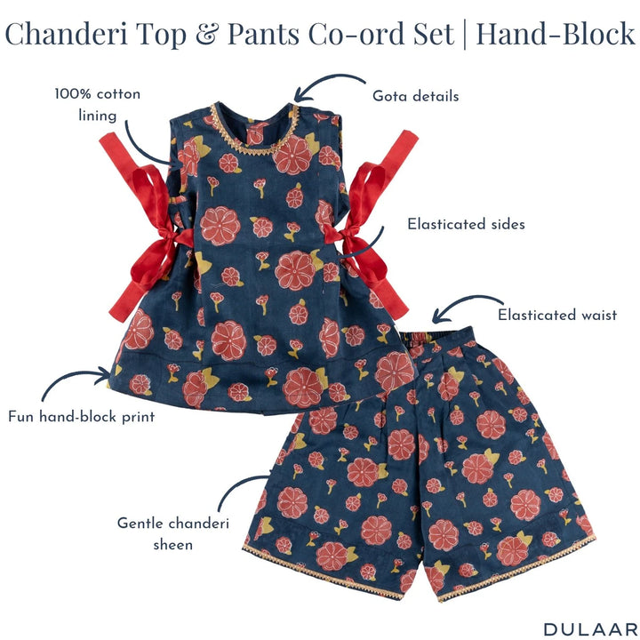 Dulaar Chanderi Top &amp; Pants Co-ord Set for Girls | Hand-Block Printed (Gota Work)-Genda Phool (Midnight)