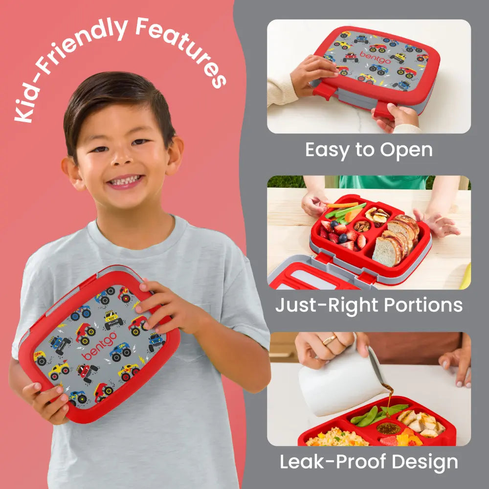 Bentgo Kids Prints with 5 Compartments, Leak-Proof Bento Lunch Box, BPA &amp; PFAS-Free, Microwave &amp; Dishwasher Safe Tray,  3–7 Years - Trucks