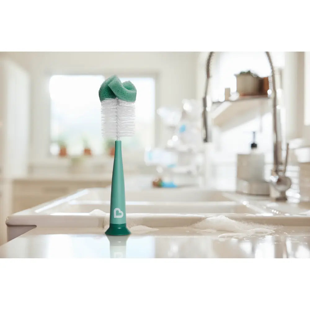 Munchkin Sponge Bottle Brush - with Suction Base and  Soft Rubber Nipple Brush - Sage Green