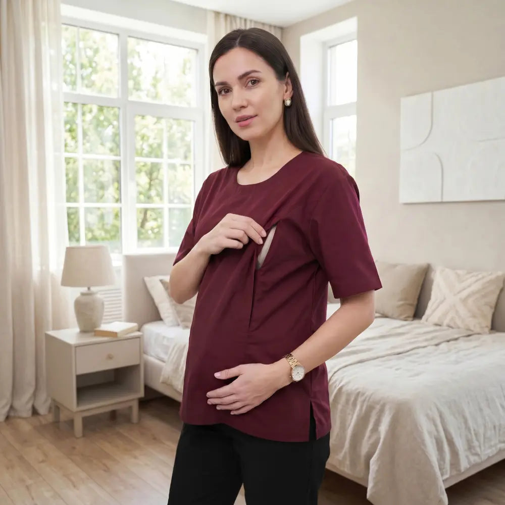 SOL MAMA Magnetic Snap Nursing Tee - Wine