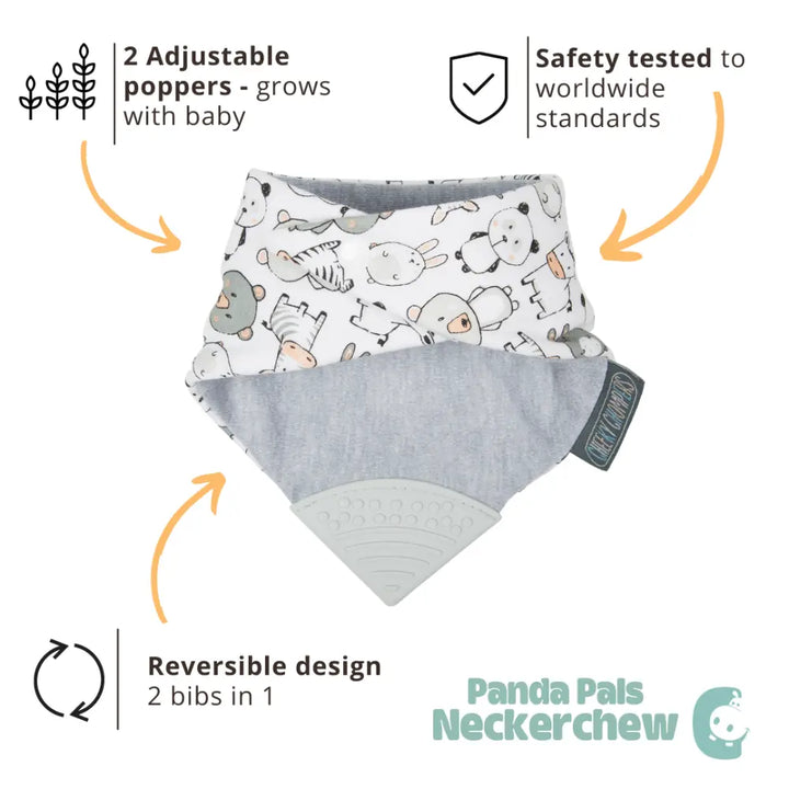 Cheeky Chompers Neckerchew for Babies &amp; Toddlers, Reversible Bib with Attached Silicone Teether, Super Absorbent, BPA-Free, 2–24 Months - Panda Pals
