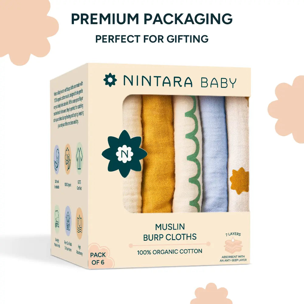 Nintara Baby Burp Cloths – 100% Organic Muslin Cotton -  Pack of 6 - Mega