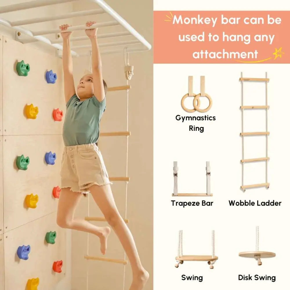 Curious Cub Ultimate Jungle Gym 4 | 7 Components - Wooden Ladder | Rope Ladder | Gymnastic Rings | Disk Swing | Trapeze Bar | Monkey Bars | Rock Climbing | Ages 4-15 Years